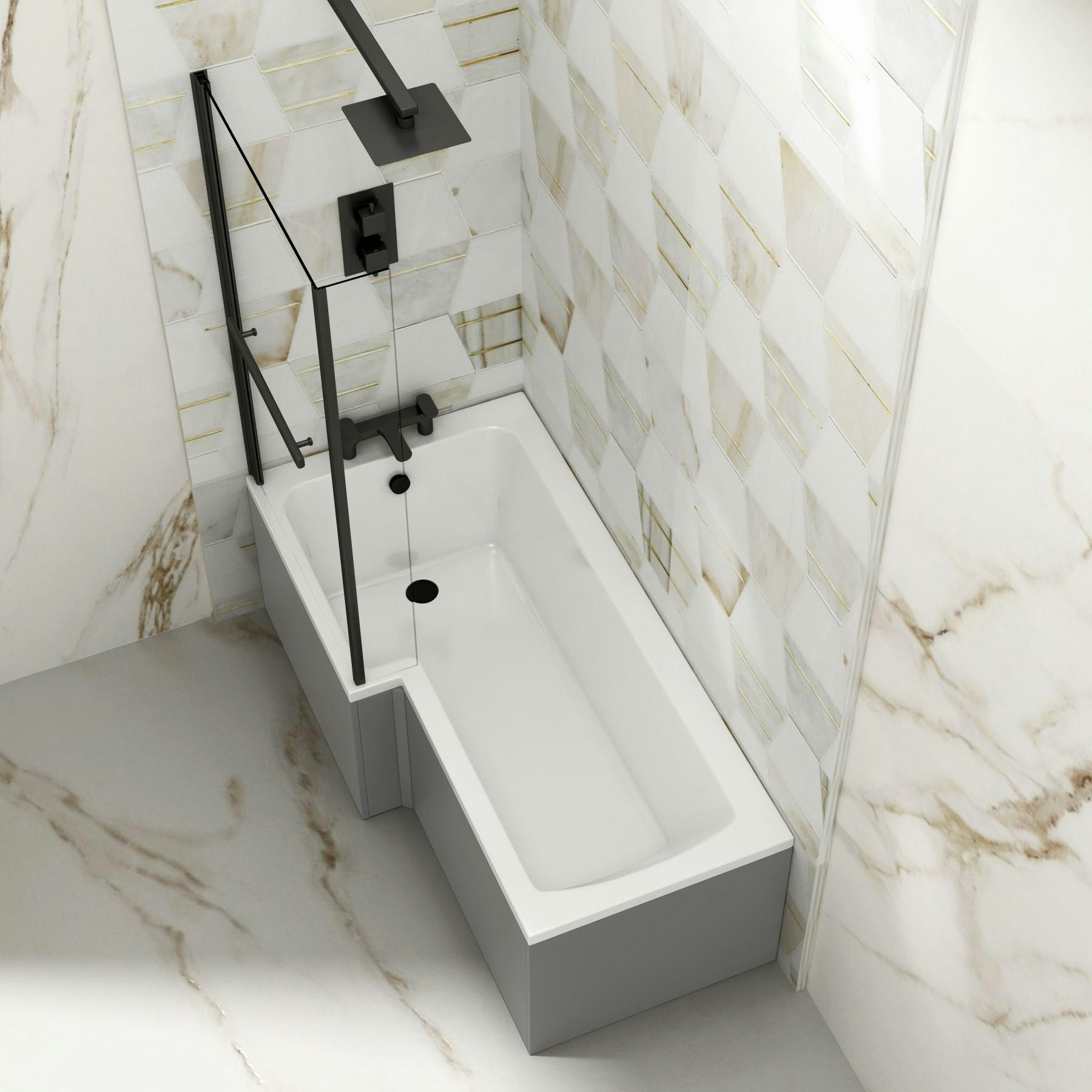 Modern Qubix L-Shaped Shower Bathtub with Black Screen & MDF Grey Gloss Front Bath Panel