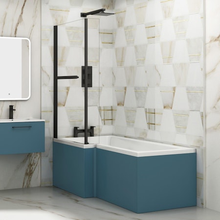 Modern Qubix L-Shaped Shower Bathtub with Black Screen & MDF Satin Blue Front Bath Panel