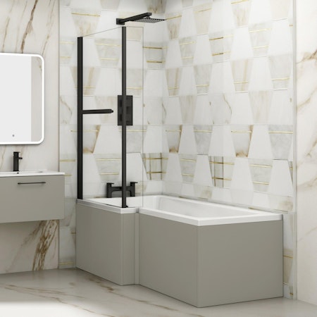 Modern Qubix L-Shaped Shower Bathtub with Black Screen & MDF Satin Grey Front Panel