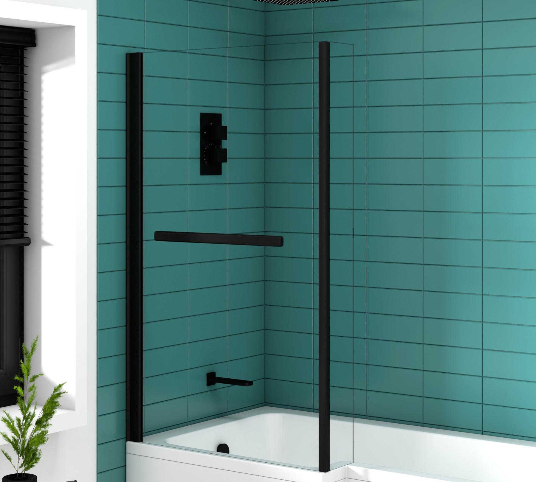 Qubix 1500 x 850mm Left Hand L Shaped Bathtub with Black Shower Screen & MDF Gloss White Panel