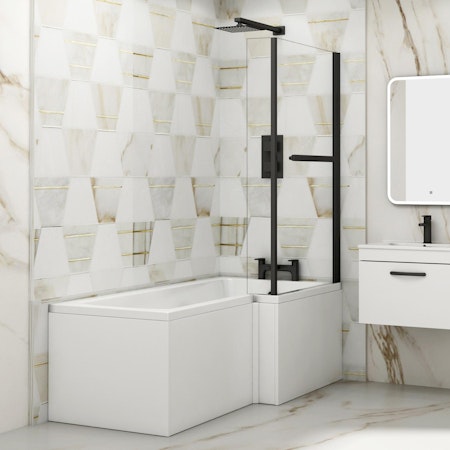 Modern Qubix L-Shaped Shower Bathtub with Black Screen & MDF Gloss White Front Bath Panel