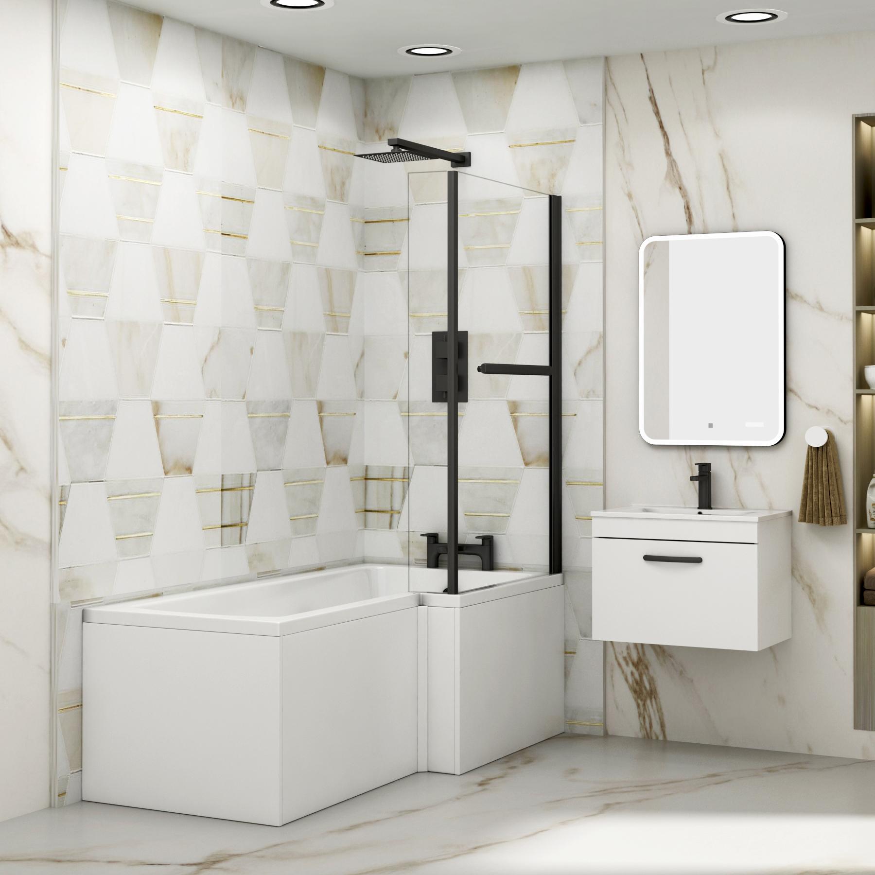 Modern Qubix L-Shaped Shower Bathtub with Black Screen & MDF Gloss White Front Bath Panel