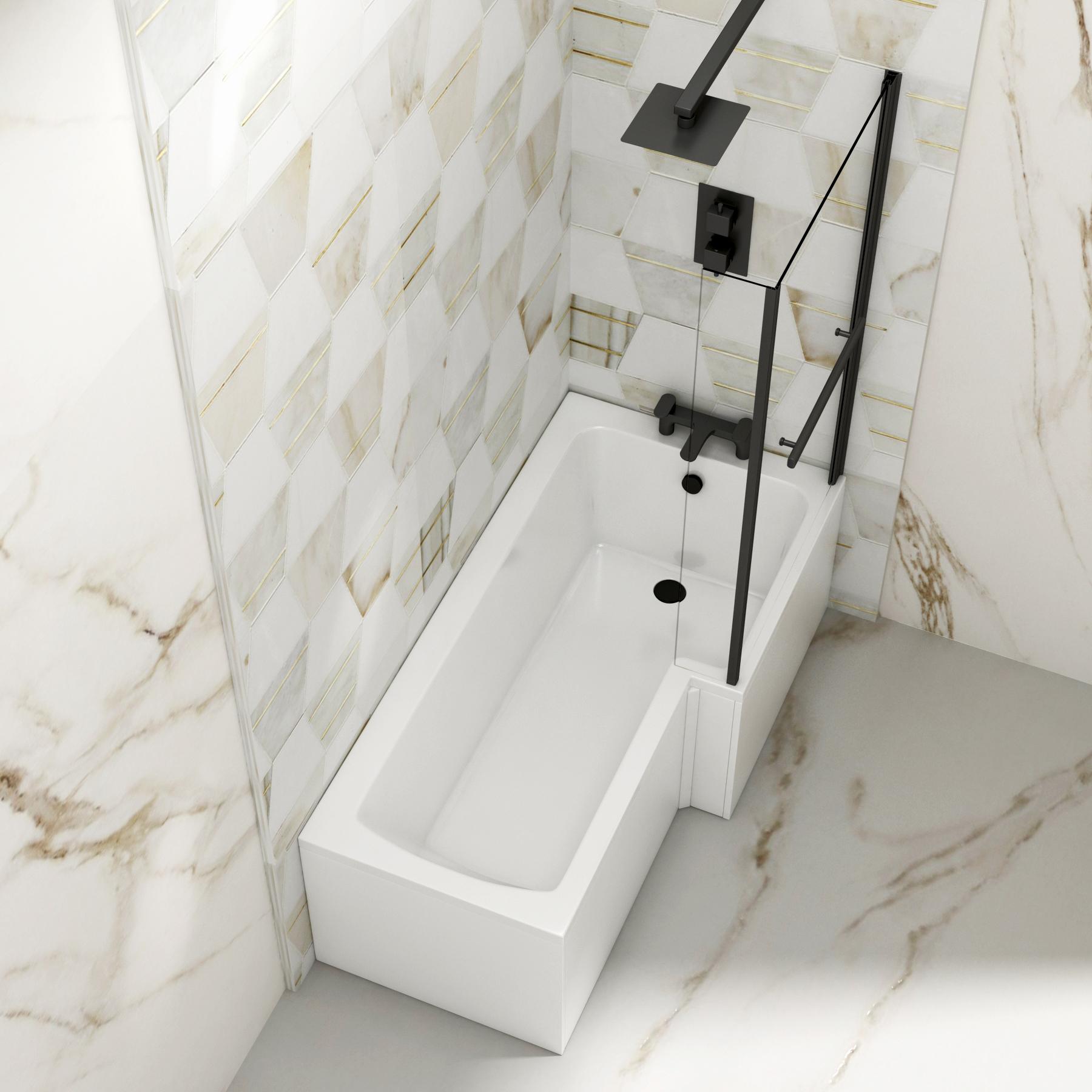Modern Qubix L-Shaped Shower Bathtub with Black Screen & MDF Gloss White Front Bath Panel
