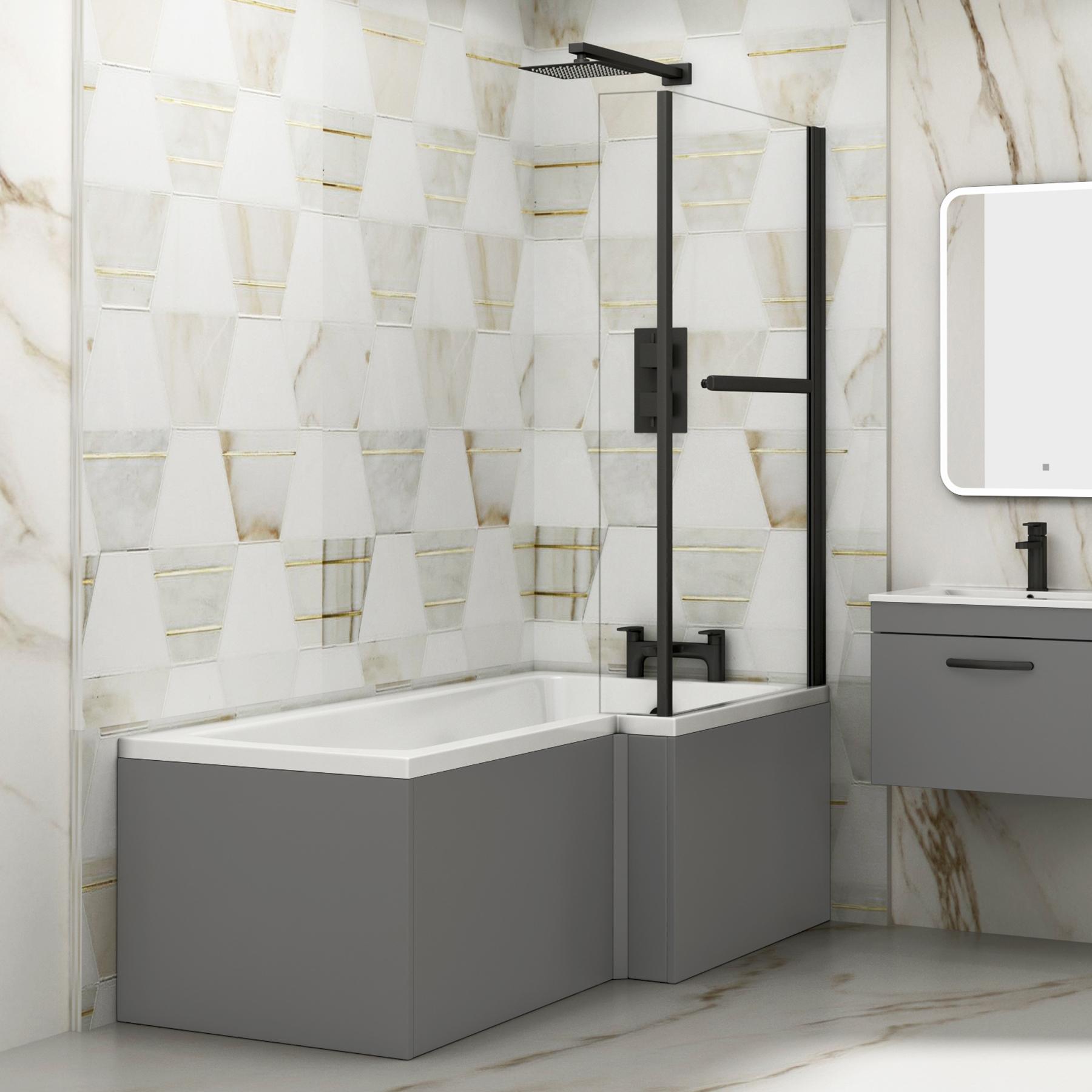 Qubix 1500 x 850mm Right Hand L Shaped Bathtub with Black Shower Screen & MDF Grey Gloss Panel
