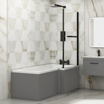 Modern Qubix L-Shaped Shower Bathtub with Black Screen & MDF Grey Gloss Front Bath Panel