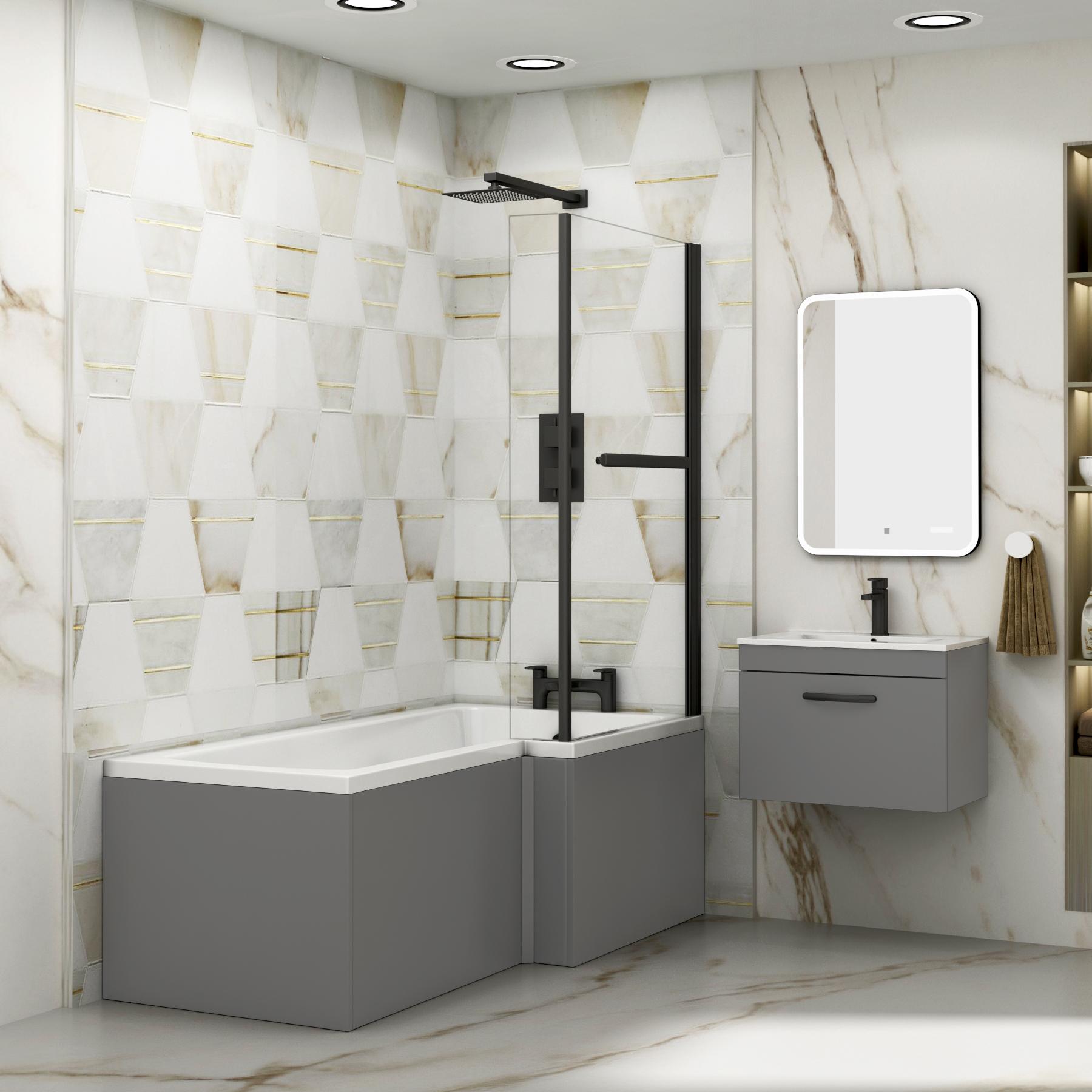Qubix 1500 x 850mm Right Hand L Shaped Bathtub with Black Shower Screen & MDF Grey Gloss Panel