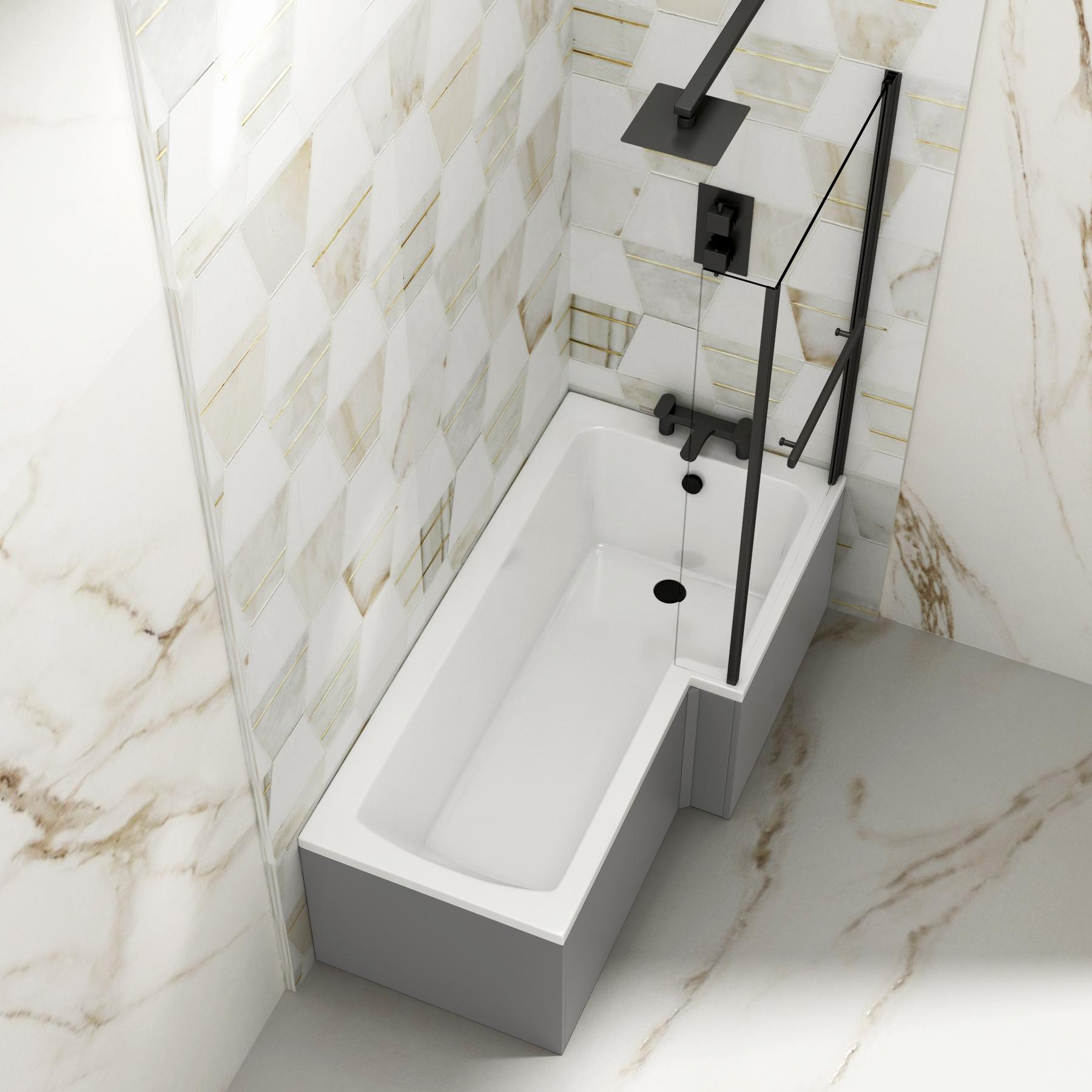 Qubix 1500 x 850mm Right Hand L Shaped Bathtub with Black Shower Screen & MDF Grey Gloss Panel