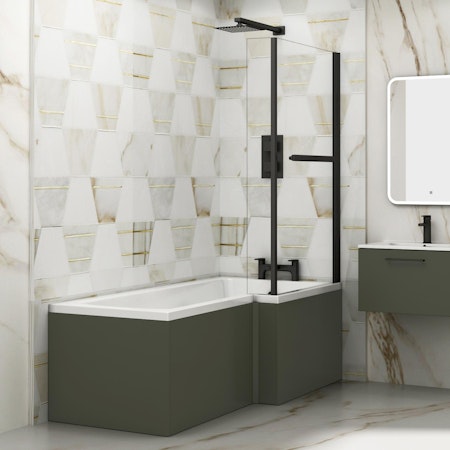 Modern Qubix L-Shaped Shower Bathtub with Black Screen & MDF Satin Green Front Bath Panel