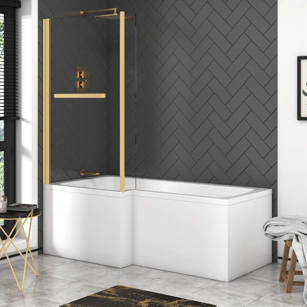 Modern Qubix L-Shaped Shower Bath tub with Brushed Brass Screen In Various Sizes - Optional Panel