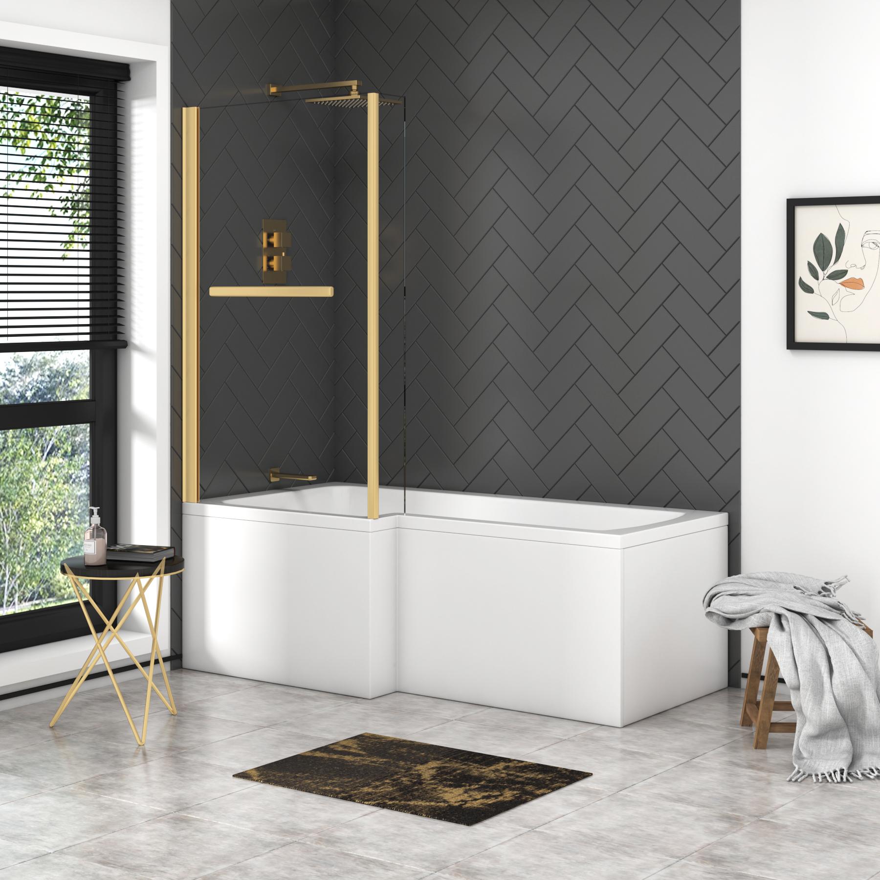 Modern Qubix L-Shaped Shower Bathtub with Brushed Brass Fixed Screen In Various Bath Sizes