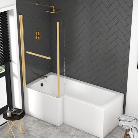 Modern Qubix L-Shaped Shower Bathtub with Brushed Brass Fixed Screen In Various Bath Sizes