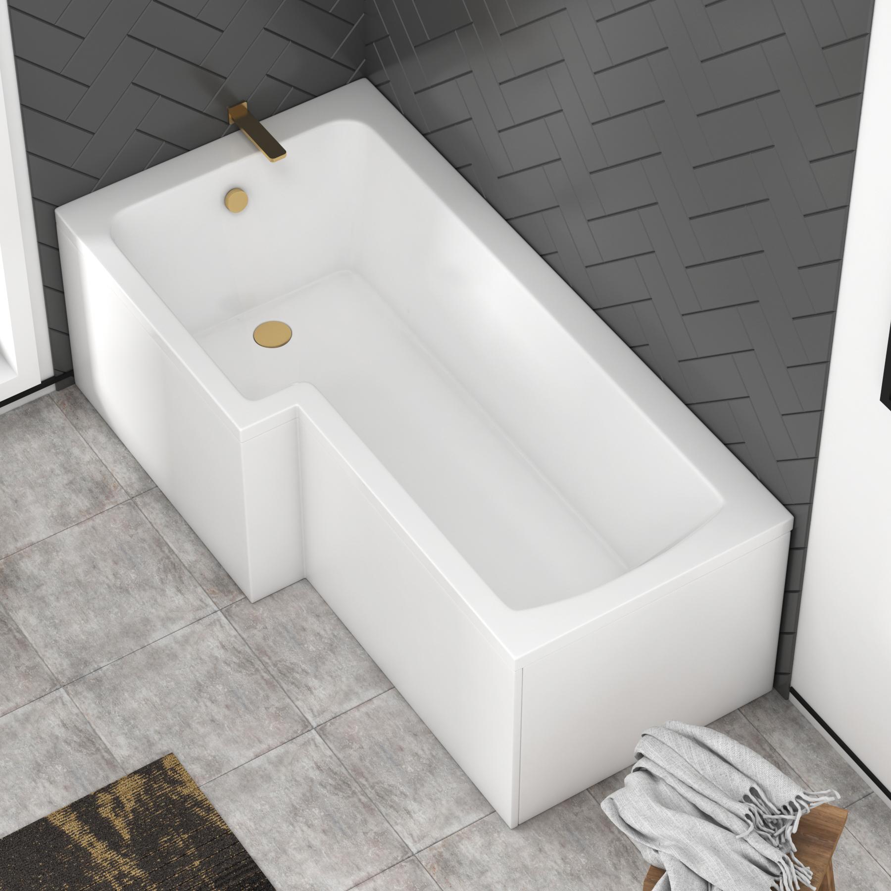 Modern Qubix LShaped Shower Bathtub with Brushed Brass Fixed Screen In