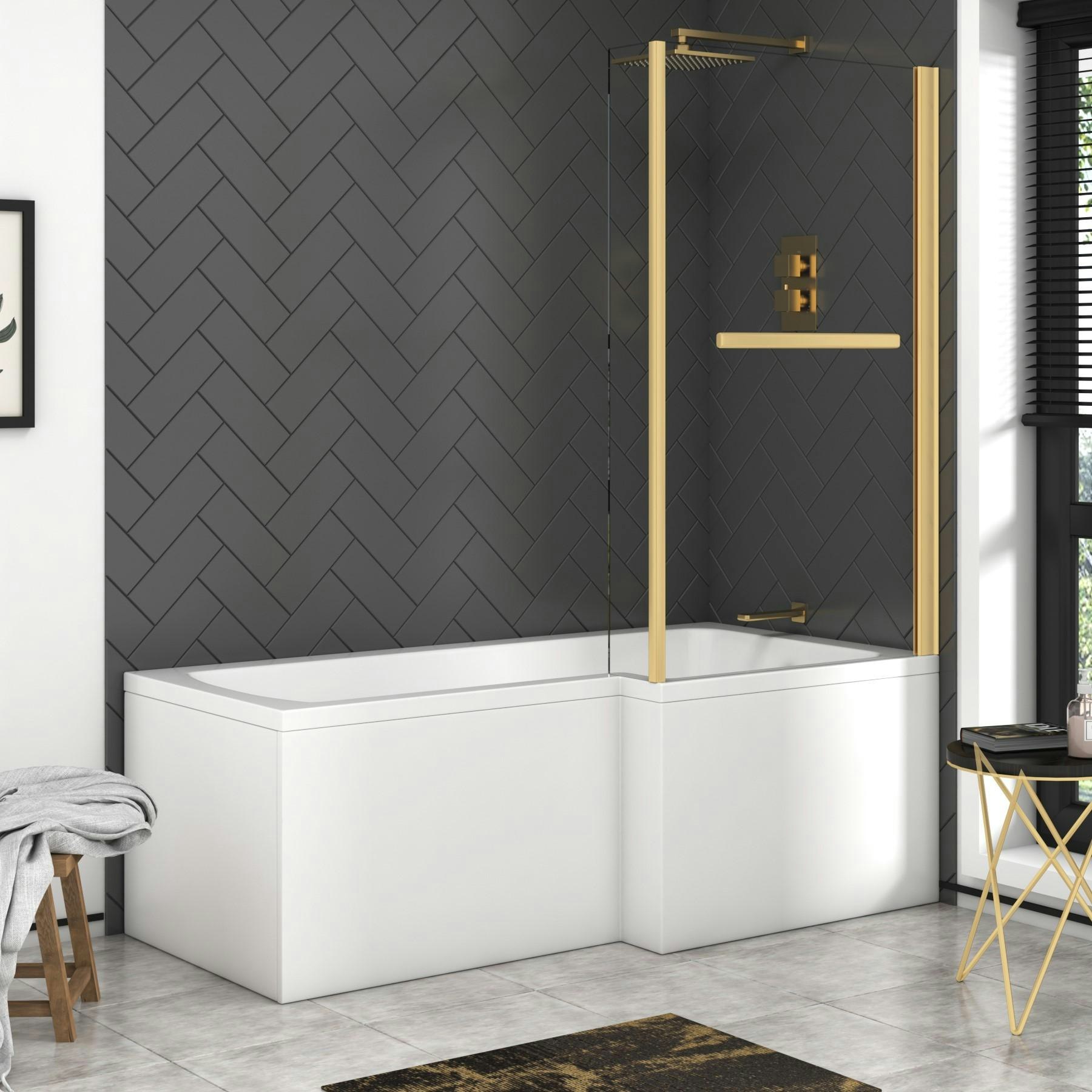 Modern Qubix LShaped Shower Bath tub with Brushed Brass Screen In Various Sizes Optional