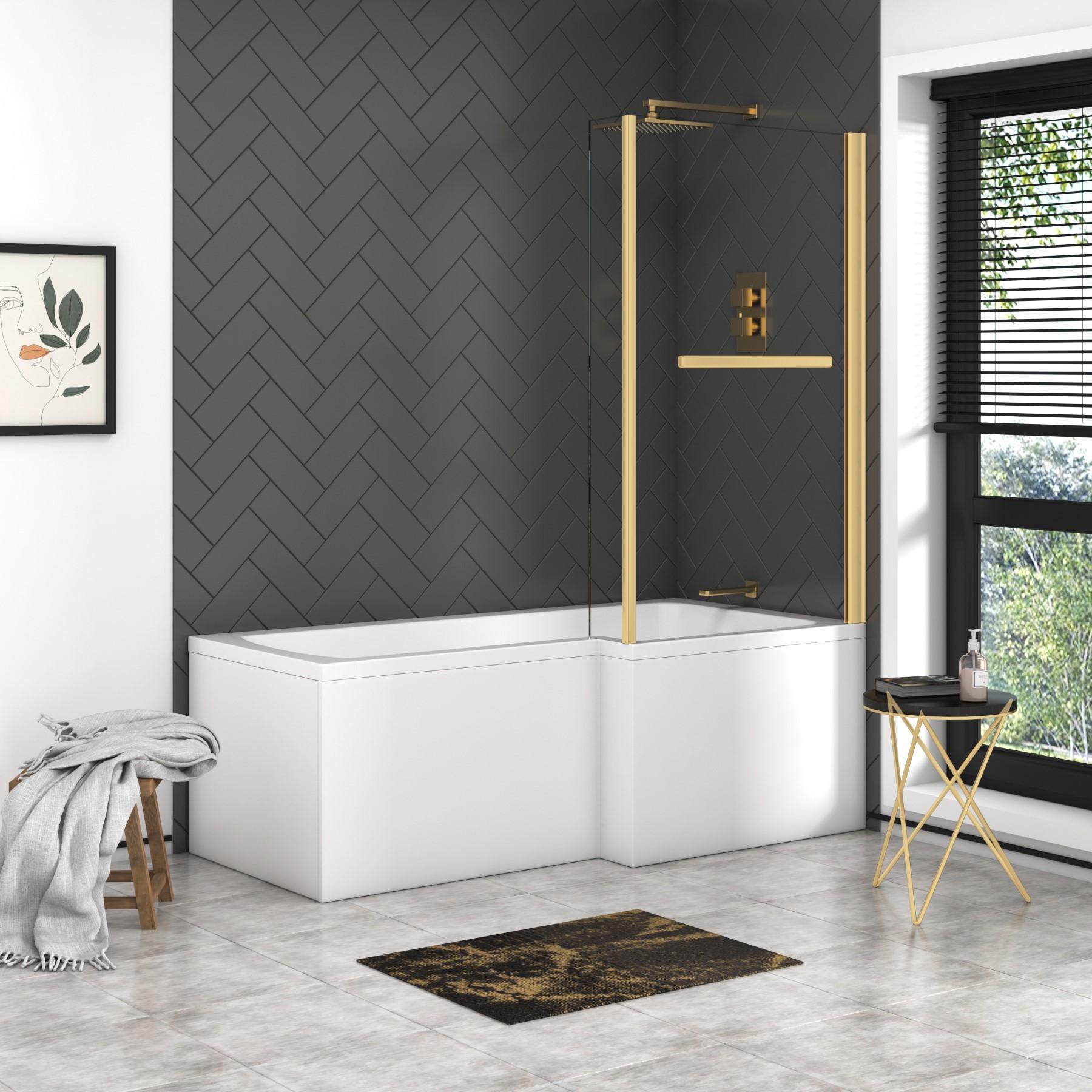 Modern Qubix LShaped Shower Bath tub with Brushed Brass Screen In