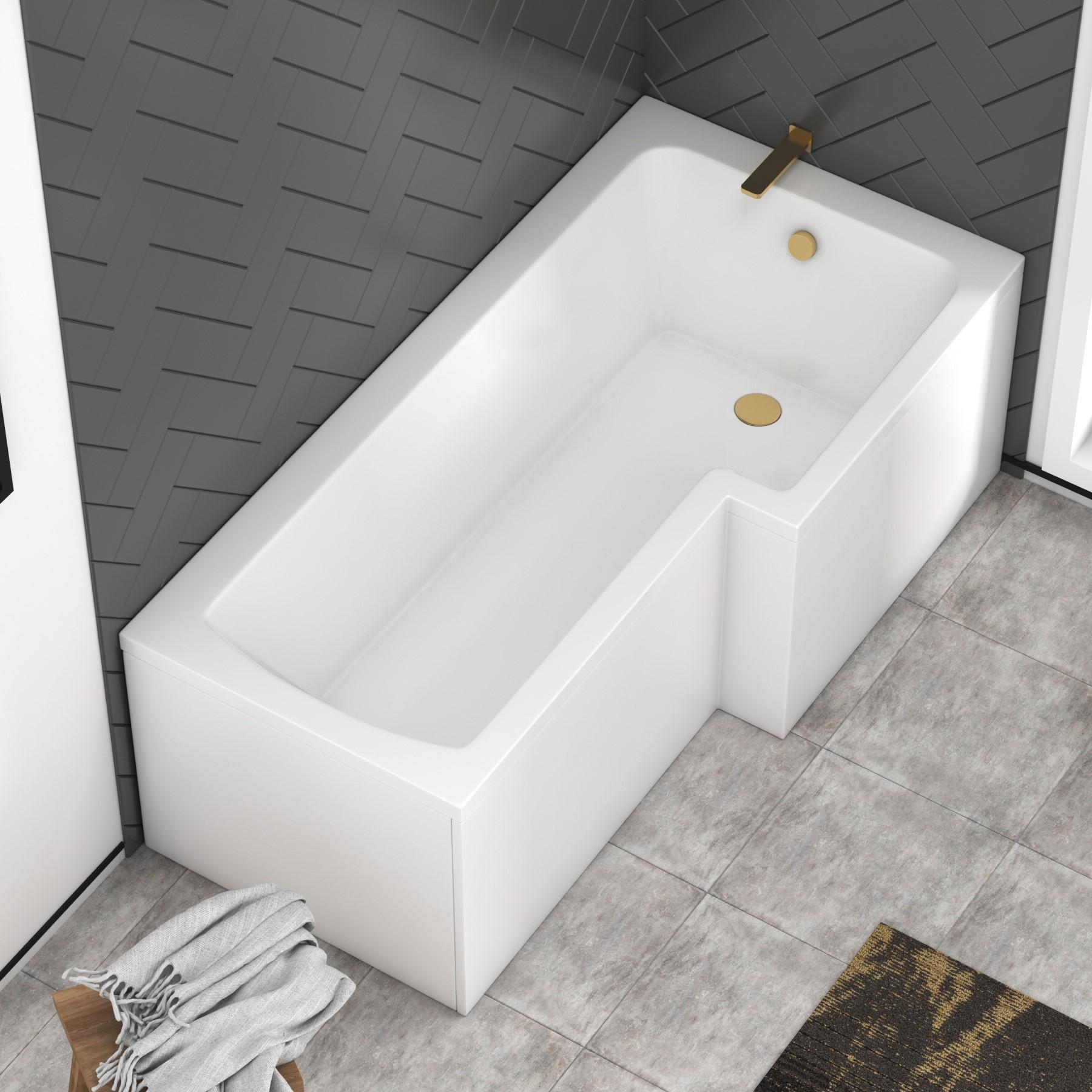 Modern Qubix LShaped Shower Bathtub with Brushed Brass Fixed Screen In