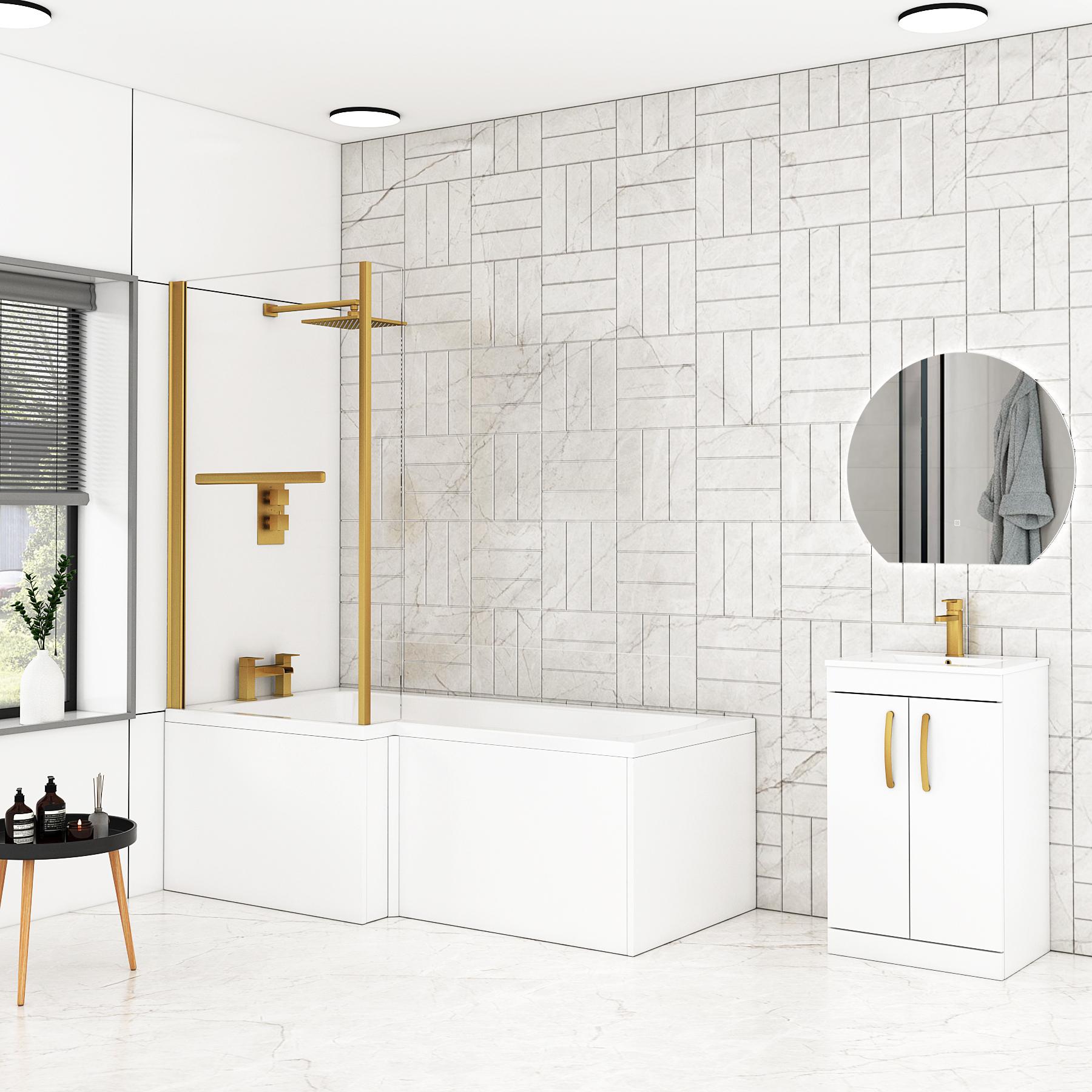 Qubix 1500 x 850mm Left Hand L Shaped Bathtub with Brushed Brass Screen & MDF Gloss White Panel