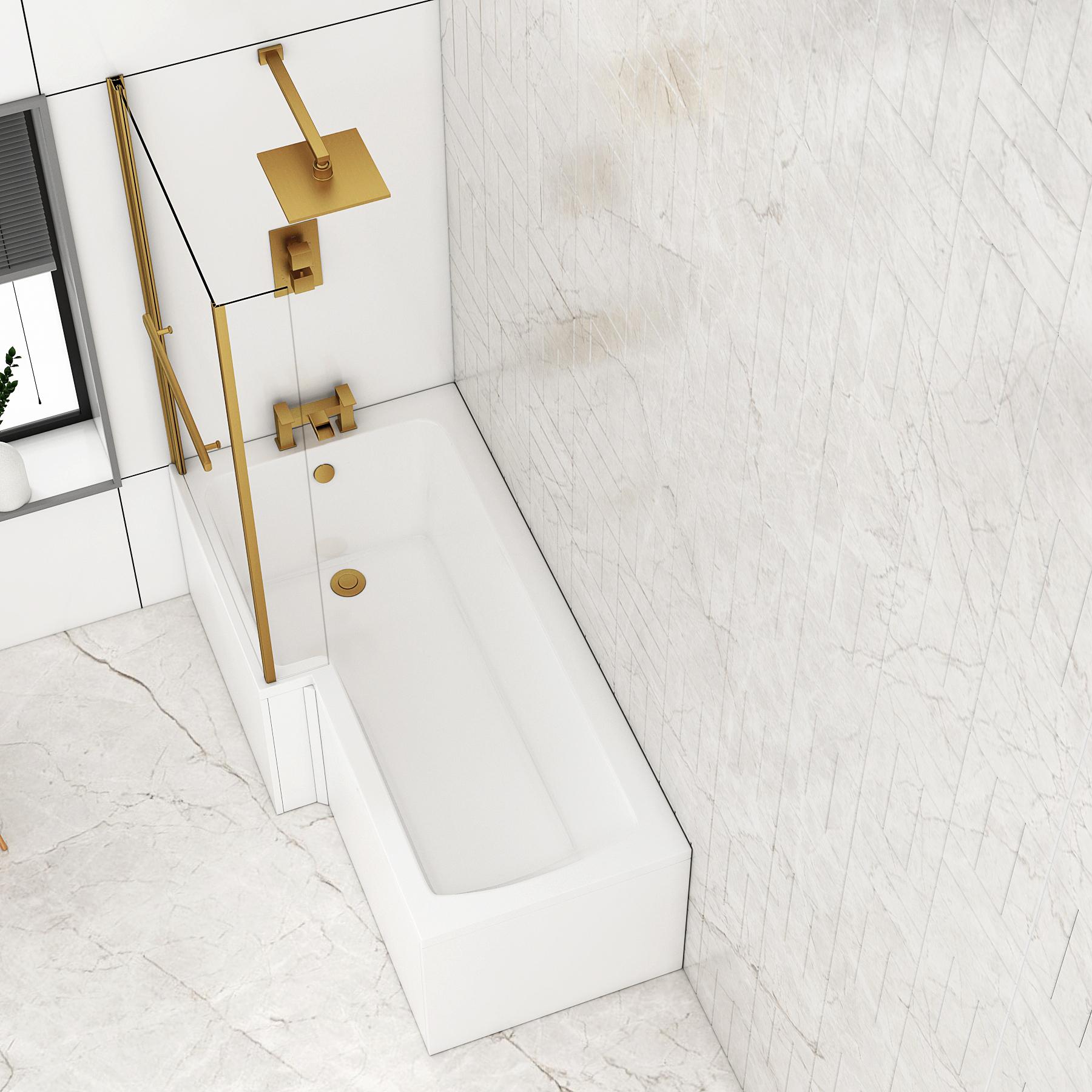 Modern Qubix L-Shaped Shower Bathtub with Brushed Brass Screen & MDF ...