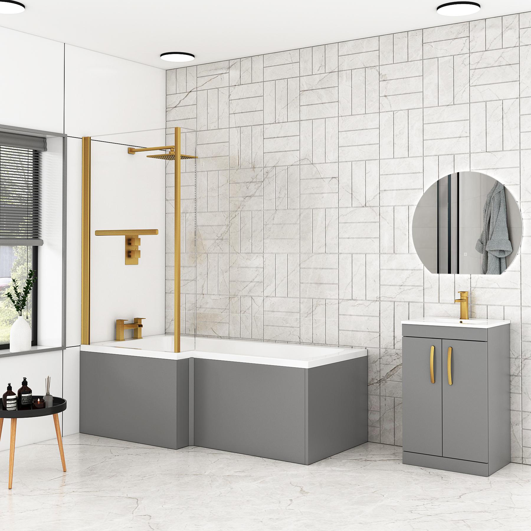 Modern Qubix L-Shaped Shower Bathtub with Brushed Brass Screen & MDF Grey Gloss Front Bath Panel