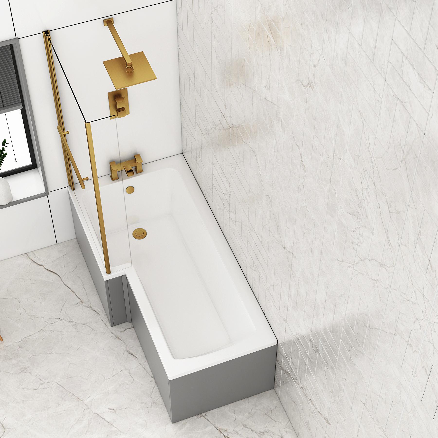 Modern Qubix L-Shaped Shower Bathtub with Brushed Brass Screen & MDF Grey Gloss Front Bath Panel