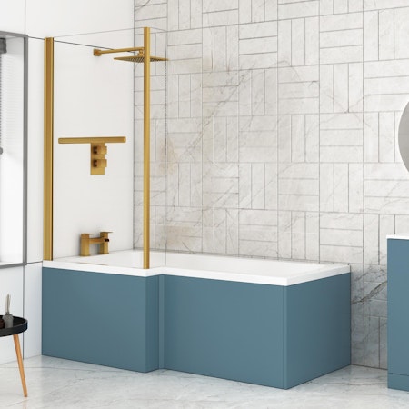 Modern Qubix L-Shaped Shower Bathtub with Brushed Brass Screen & MDF Satin Blue Front Bath Panel
