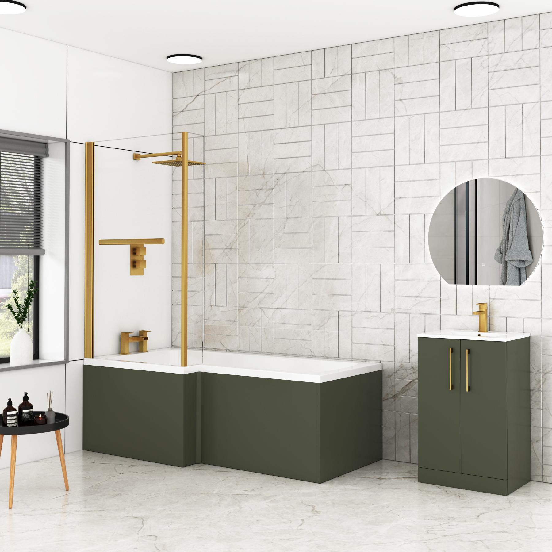 Modern Qubix L-Shaped Shower Bathtub with Brushed Brass Screen & MDF Satin Green Front Panel