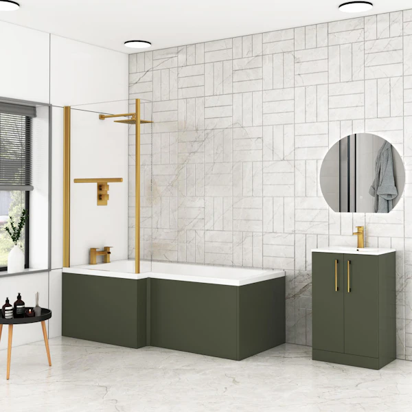 Modern Qubix L-Shaped Shower Bathtub with Brushed Brass Screen & MDF Satin Green Front Panel