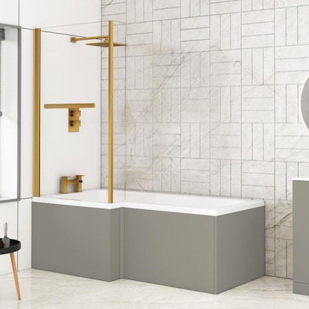 Modern Qubix L-Shaped Shower Bathtub with Brushed Brass Screen & MDF Satin Grey Front Panel