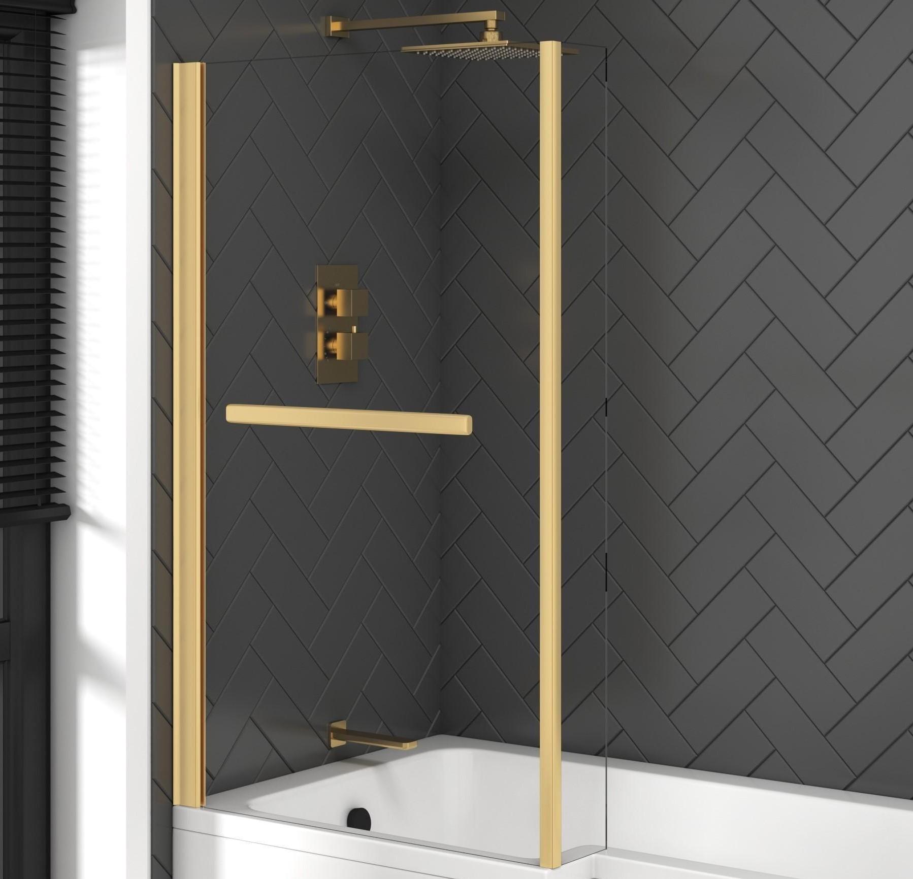 Qubix 1500 x 850mm Left Hand L Shaped Bathtub with Brushed Brass Screen & MDF Gloss White Panel