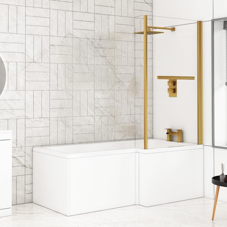 Modern Qubix L-Shaped Shower Bathtub with Brushed Brass Screen & MDF Gloss White Front Bath Panel