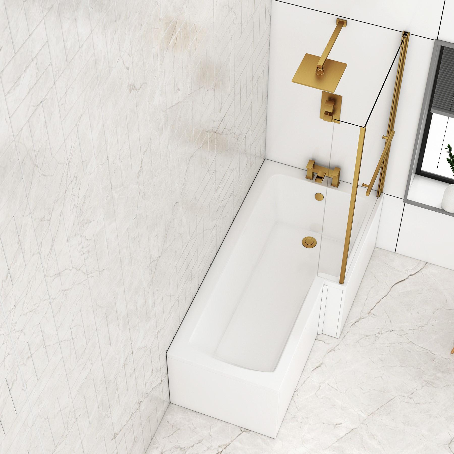 Qubix 1500 x 850mm Right Hand L Shaped Bathtub with Brushed Brass Screen & MDF Gloss White Panel