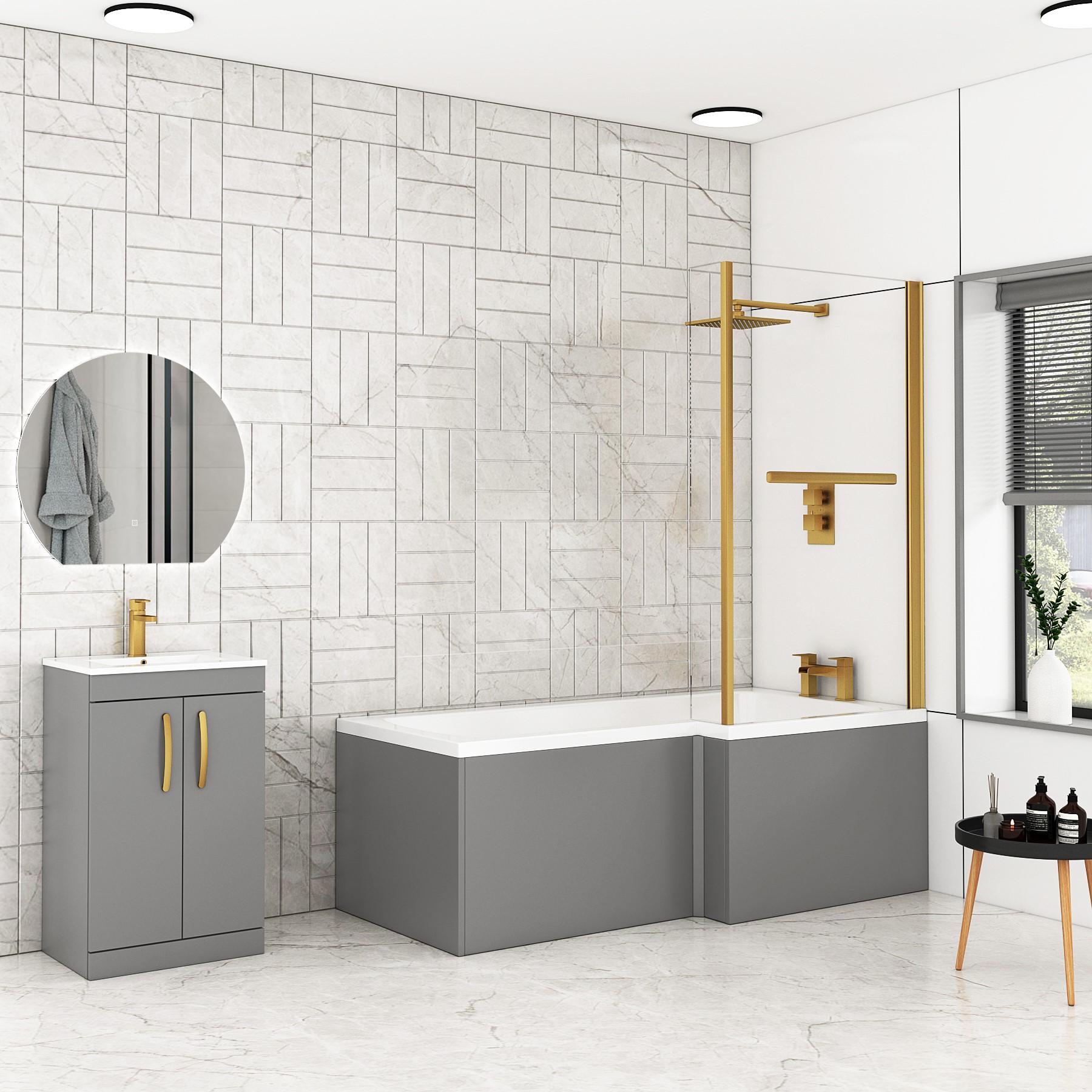 Modern Qubix L-Shaped Shower Bathtub with Brushed Brass Screen & MDF Grey Gloss Front Bath Panel