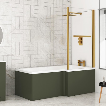 Modern Qubix L-Shaped Shower Bathtub with Brushed Brass Screen & MDF Satin Green Front Bath Panel