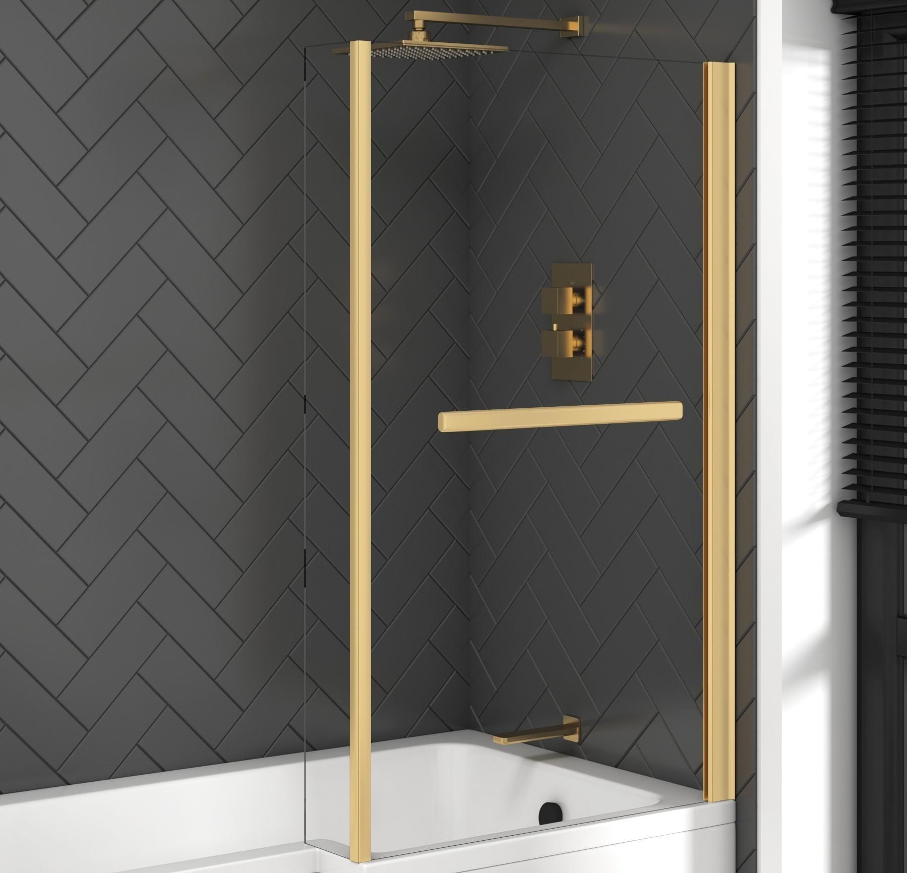 Qubix 1500 x 850mm Right Hand L Shaped Bathtub with Brushed Brass Screen & MDF Gloss White Panel