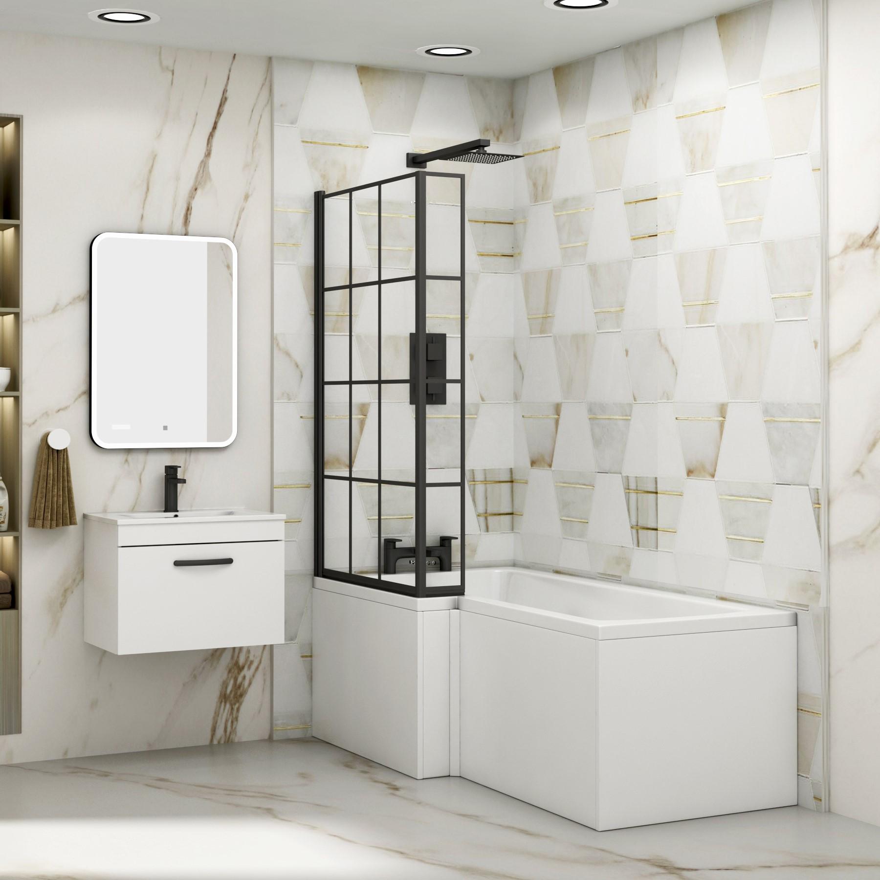 Modern Qubix L-Shaped Shower Bathtub with Black Framed Screen & MDF Gloss White Front Bath Panel