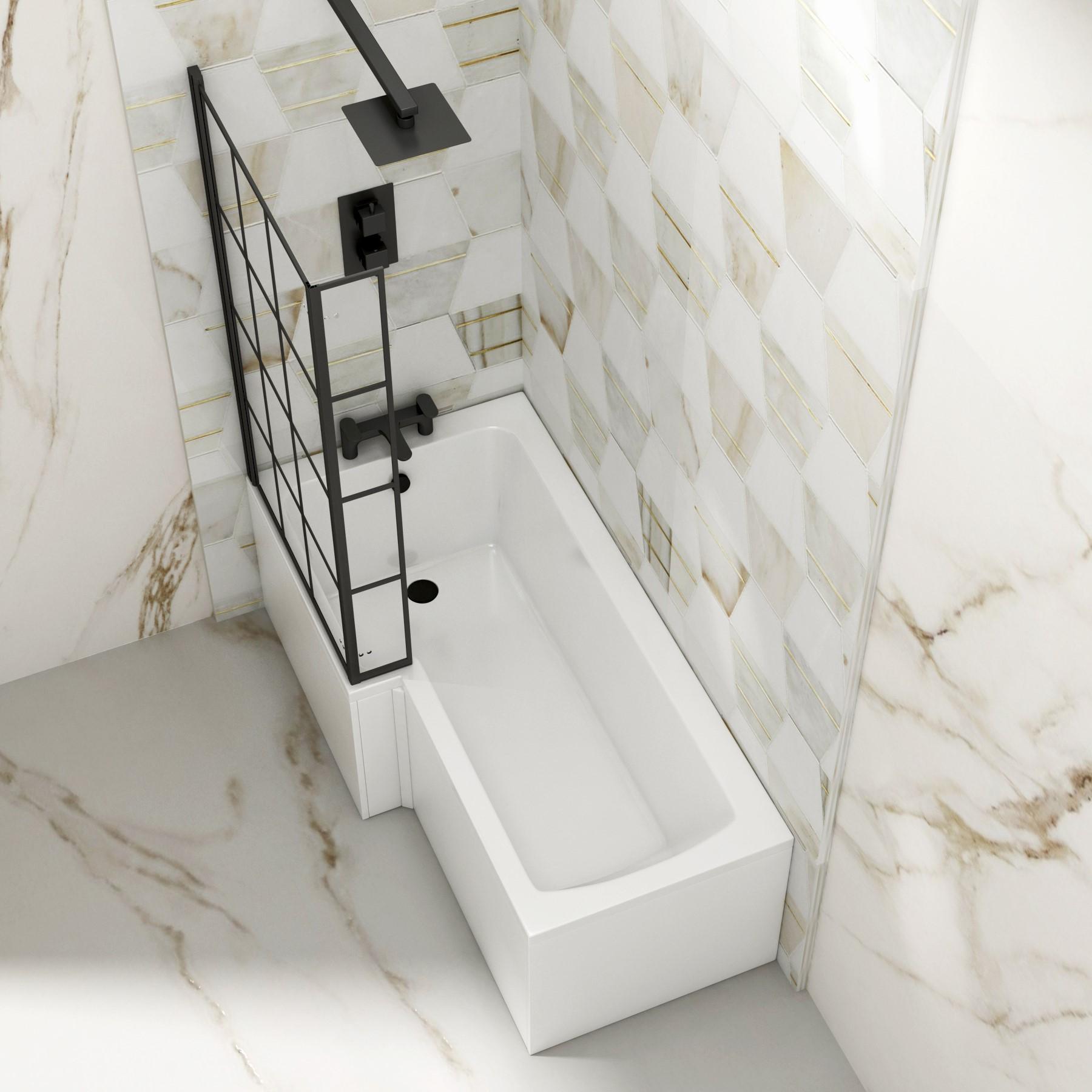 Modern Qubix L-Shaped Shower Bathtub with Black Framed Screen & MDF Gloss White Front Bath Panel