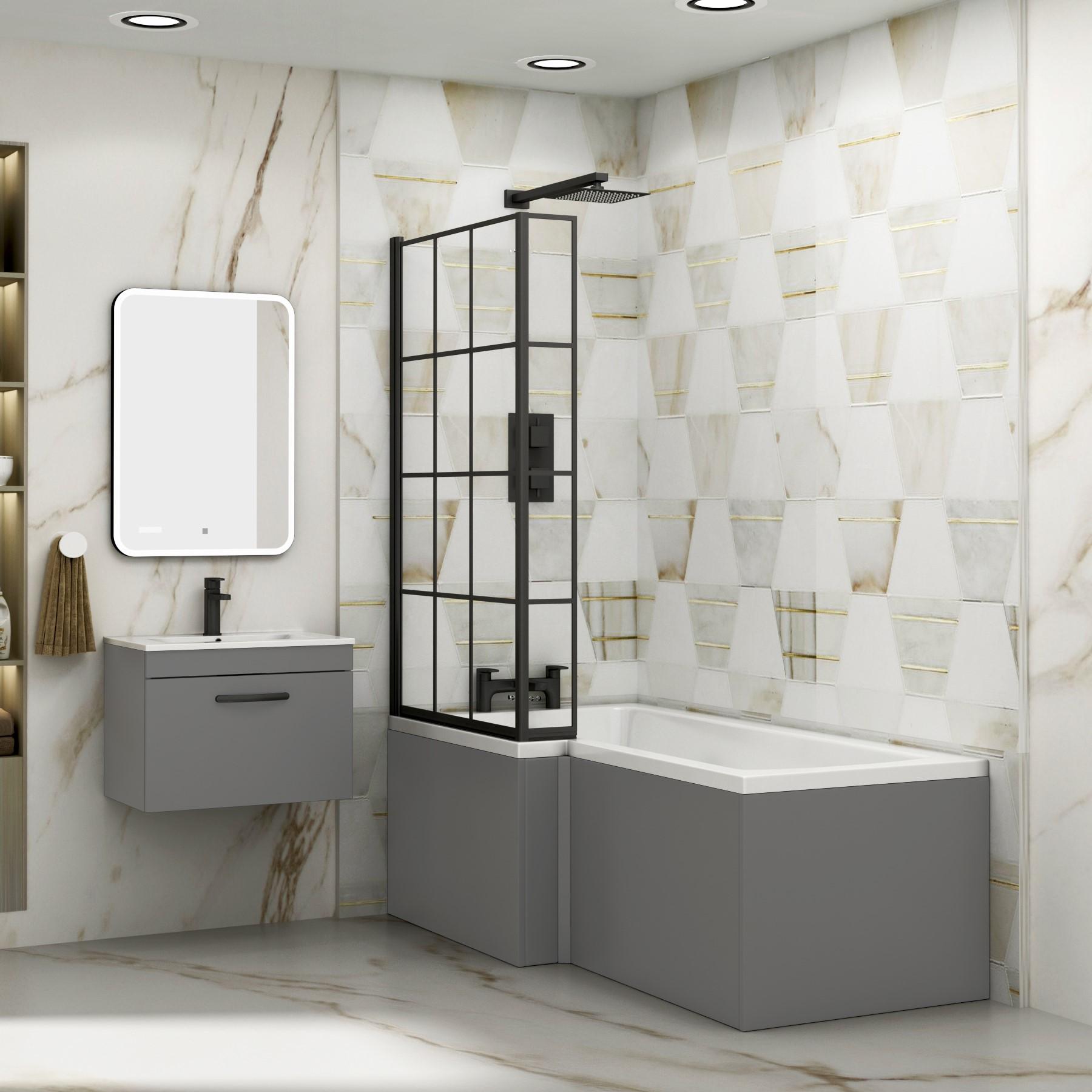 Qubix 1500 x 850mm Left Hand L Shaped Bathtub with Black Framed Screen & MDF Grey Gloss Panel