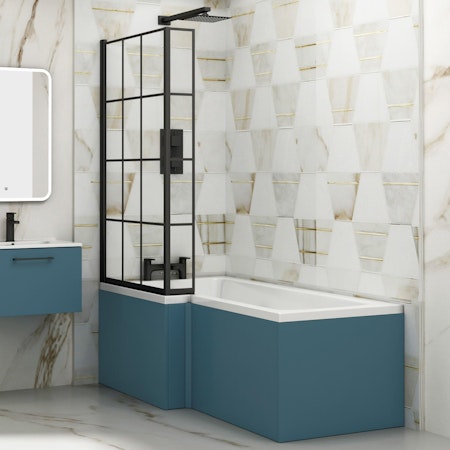 Modern Qubix L-Shaped Shower Bathtub with Black Framed Screen & MDF Satin Blue Front Bath Panel