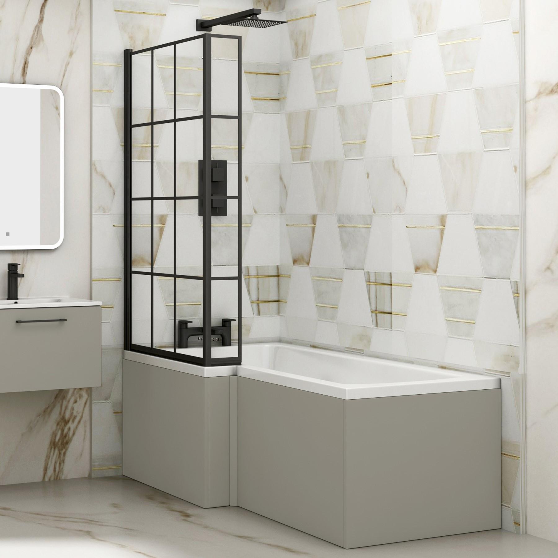 Modern Qubix L-Shaped Shower Bathtub with Black Framed Screen & MDF Satin Grey Front Panel