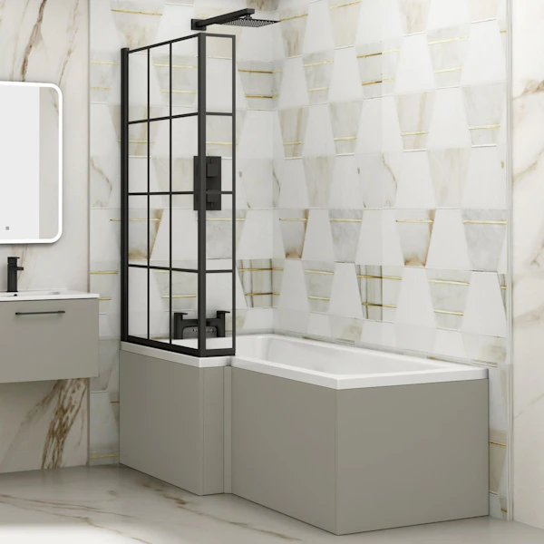Modern Qubix L-Shaped Shower Bathtub with Black Framed Screen & MDF Satin Grey Front Panel