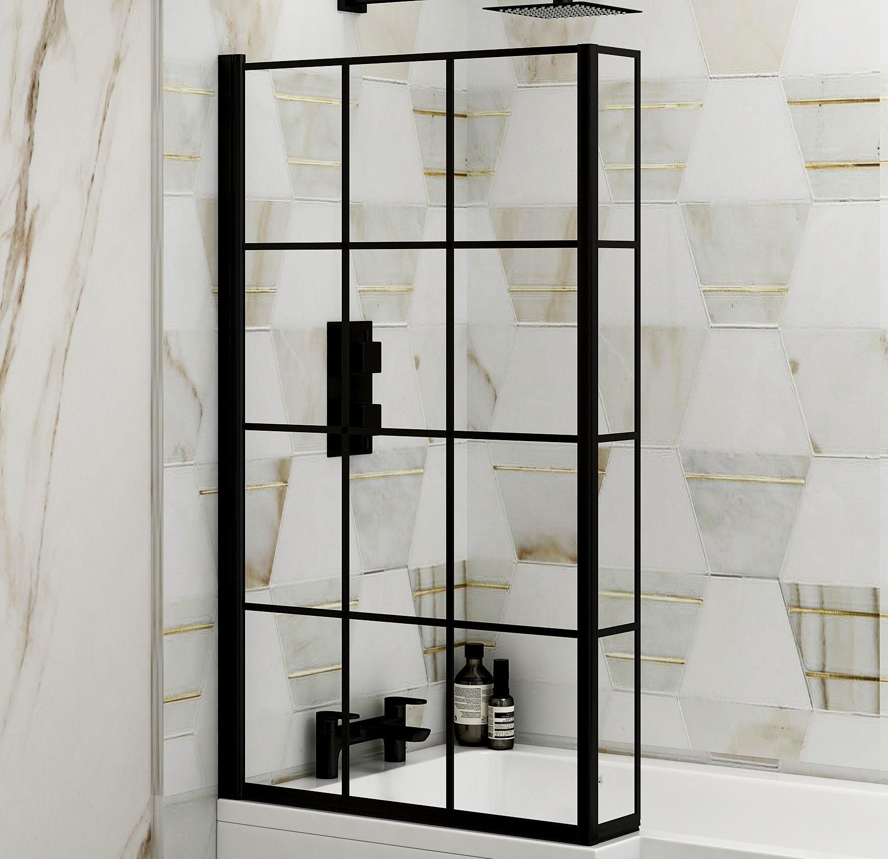 Qubix 1500 x 850mm Left Hand L Shaped Bathtub with Black Framed Screen & MDF Grey Gloss Panel