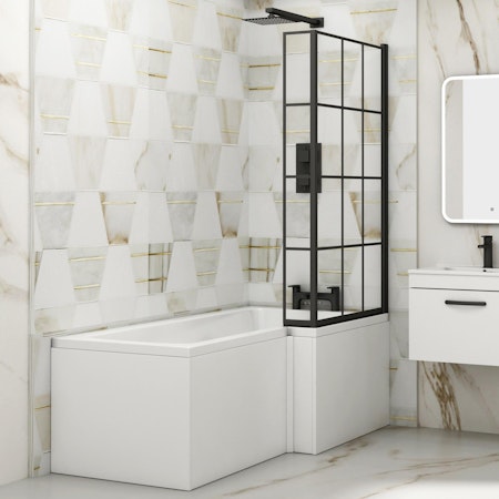 Modern Qubix L-Shaped Shower Bathtub with Black Framed Screen & MDF Gloss White Front Bath Panel