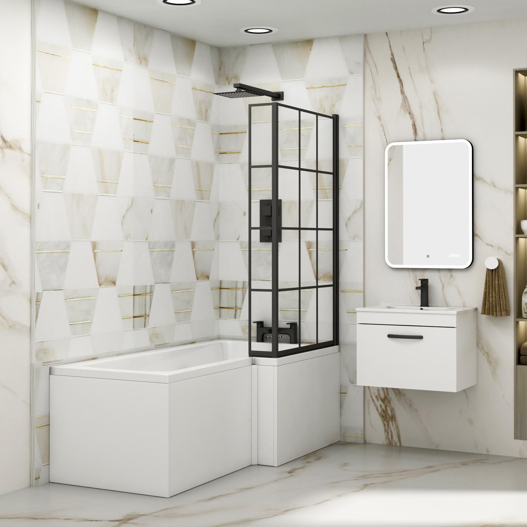 Modern Qubix L-Shaped Shower Bathtub with Black Framed Screen & MDF Gloss White Front Bath Panel