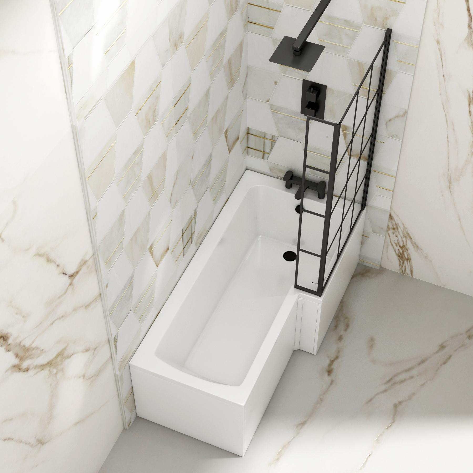 Modern Qubix L-Shaped Shower Bathtub with Black Framed Screen & MDF Gloss White Front Bath Panel