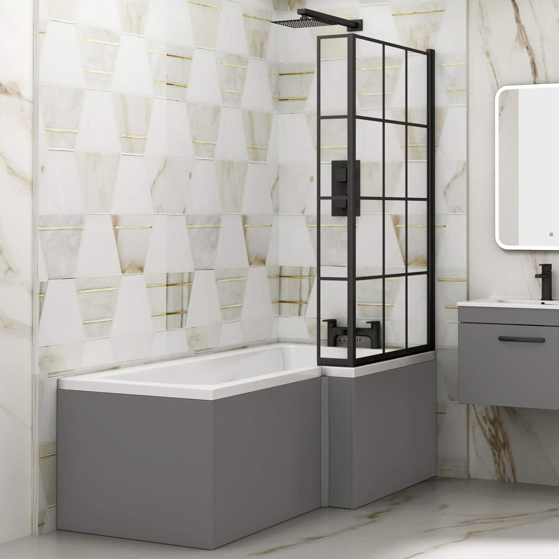 Qubix 1500 x 850mm Right Hand L Shaped Bathtub with Black Framed Screen & MDF Grey Gloss Panel