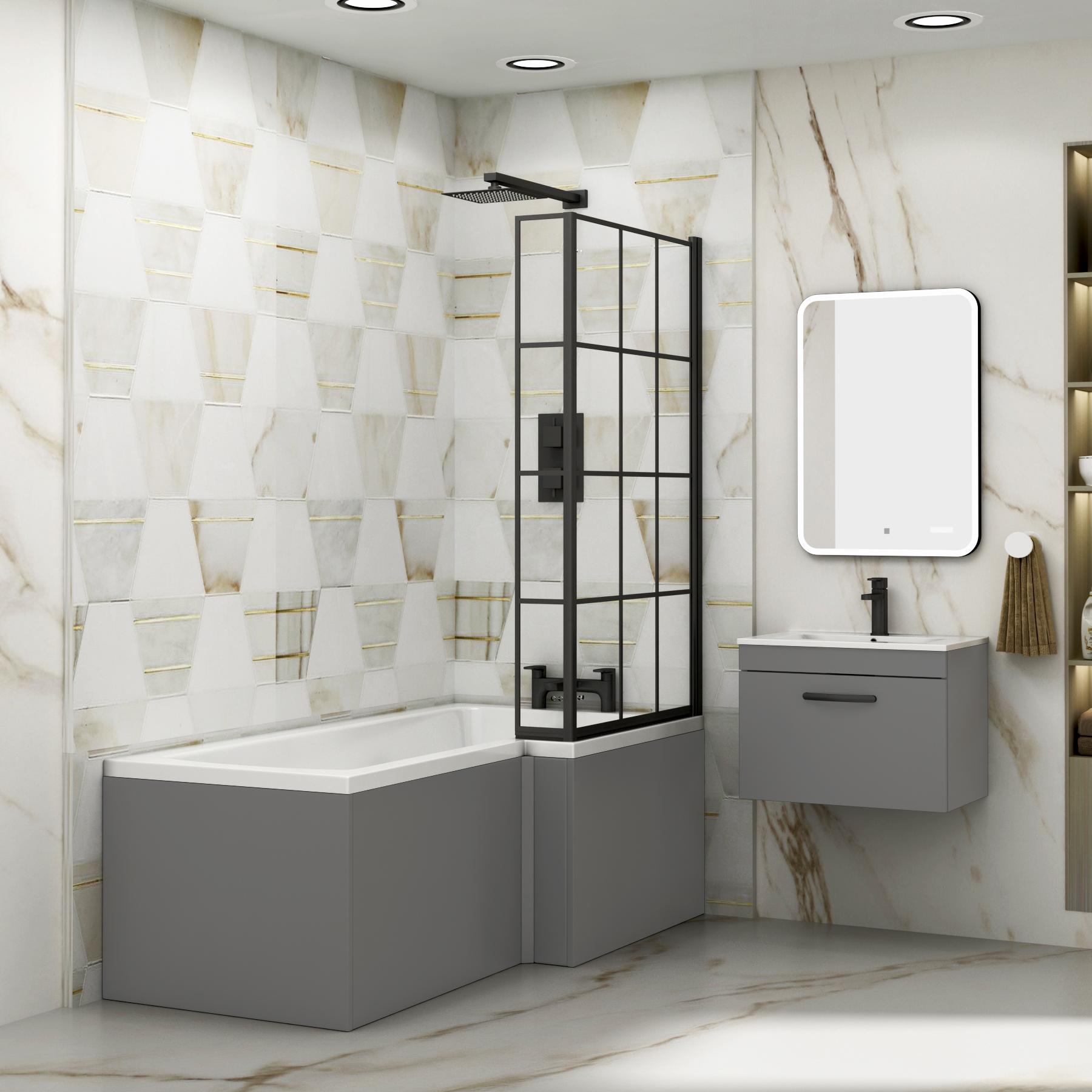 Qubix 1500 x 850mm Right Hand L Shaped Bathtub with Black Framed Screen & MDF Grey Gloss Panel