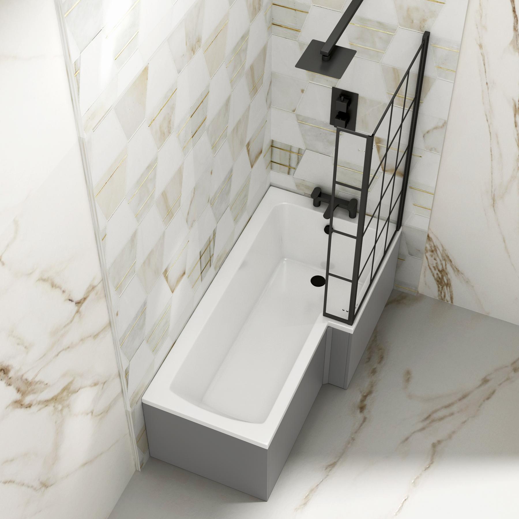 Qubix 1500 x 850mm Right Hand L Shaped Bathtub with Black Framed Screen & MDF Grey Gloss Panel