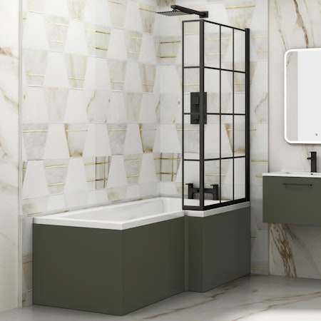 Modern Qubix L-Shaped Shower Bathtub with Black Framed Screen & MDF Satin Green Front Bath Panel