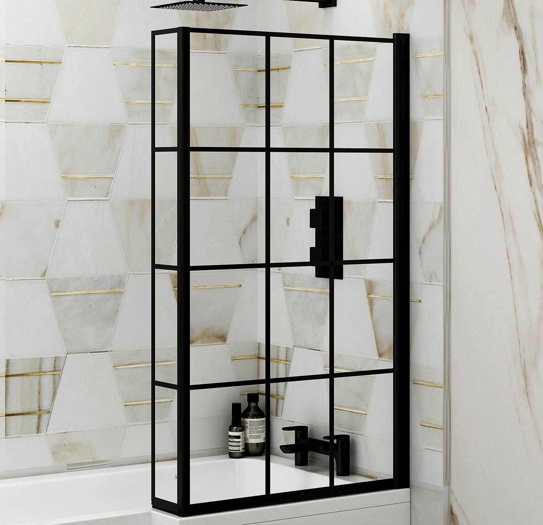 Qubix 1500 x 850mm Right Hand L Shaped Bathtub with Black Framed Screen & MDF Gloss White Panel