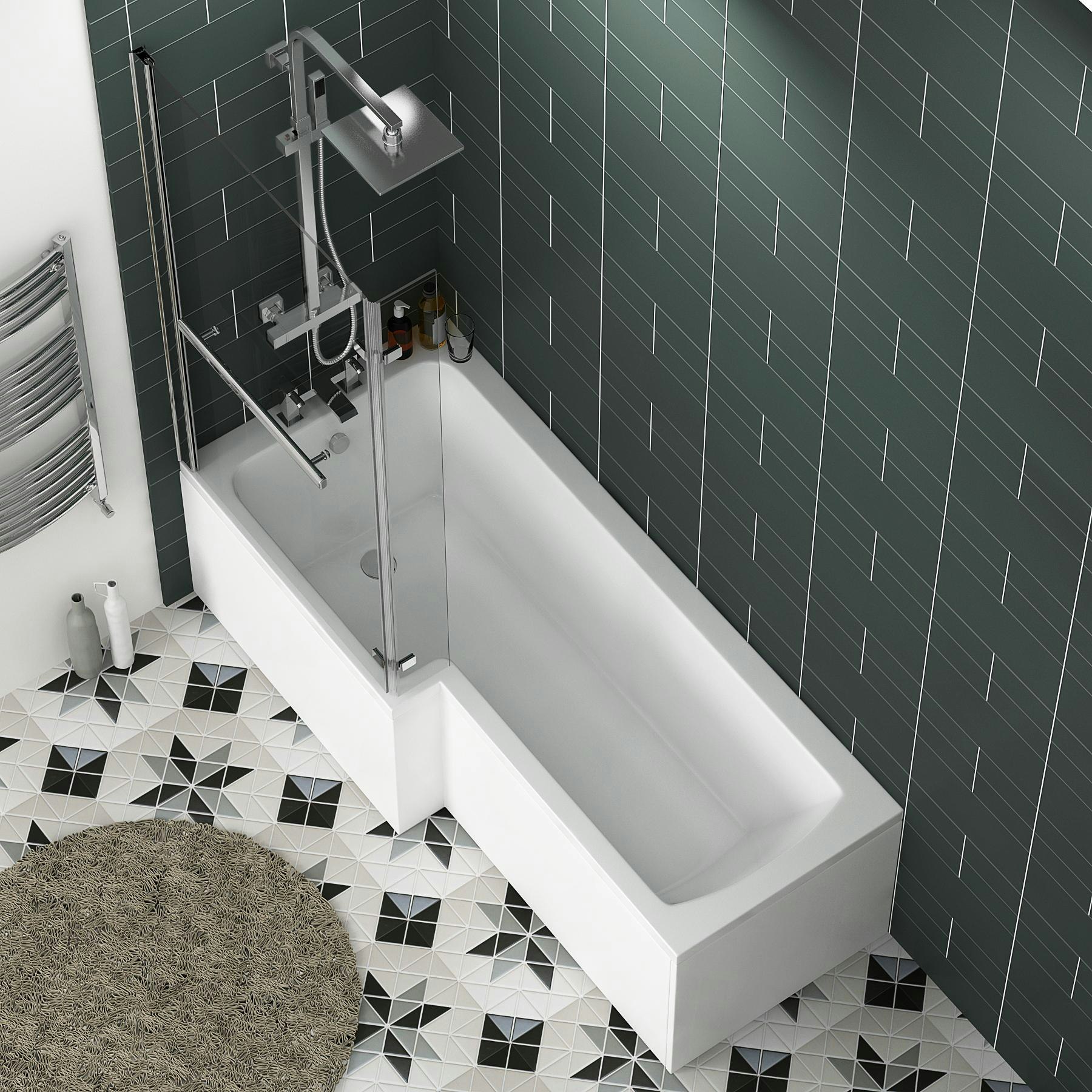 Qubix 1500/1600/1700mm Left Hand LShaped Shower Bath tub with Flipper