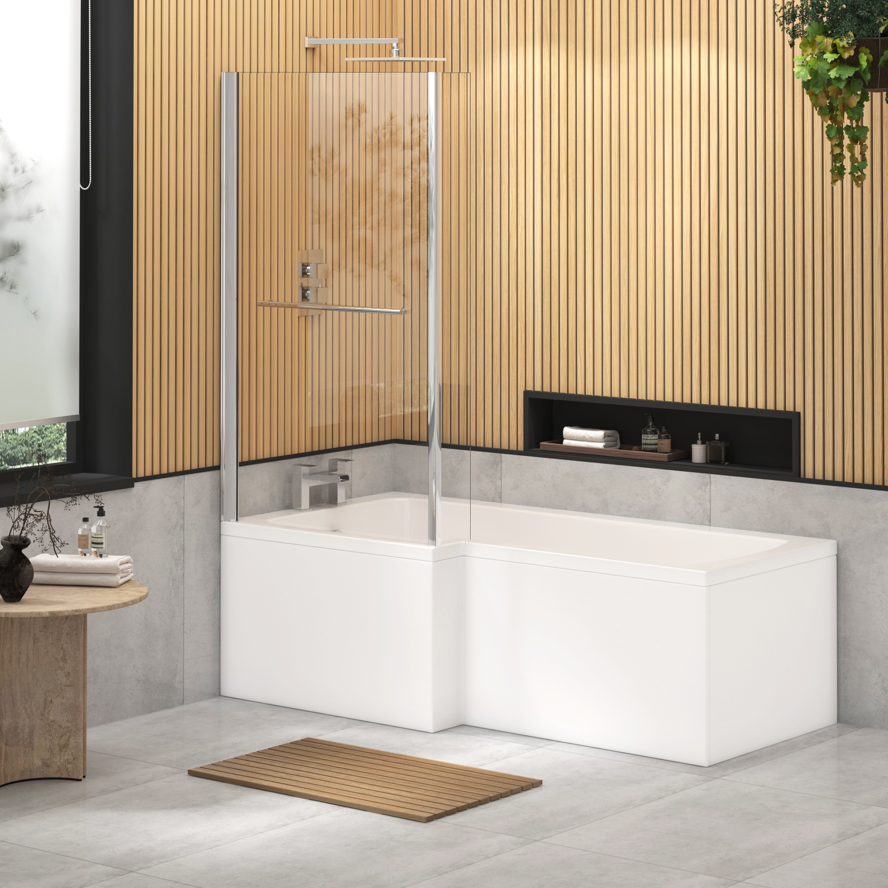 Modern Qubix L-Shaped Shower Bath tub with Fixed Screen In Multiple Bath Sizes